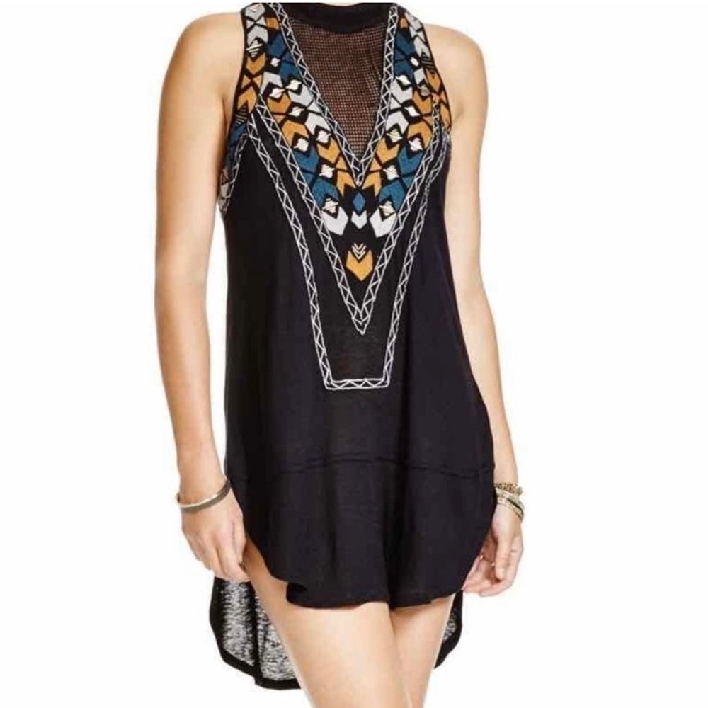Free People Mock Neck Adella Embroidered Beaded Mesh Sleeveless Tunic Size Small